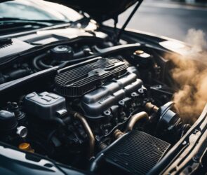 A car engine with old, dirty oil being poured in, causing smoke and damage