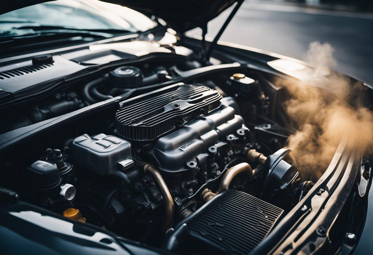 A car engine with old, dirty oil being poured in, causing smoke and damage