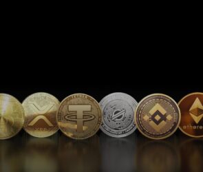 Include Cryptocurrency Coins with bitcoin litecoin and ethereum symbols on dark background reflection 3d illustration photo