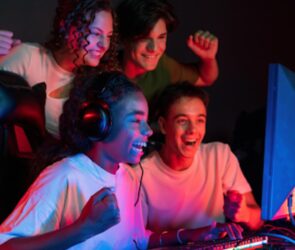 Teens playing video games