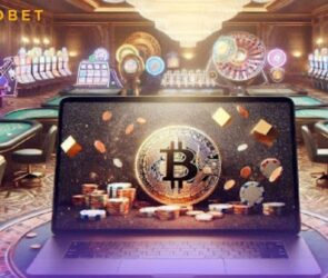 Bitcoin casino on laptop and in a casino floor