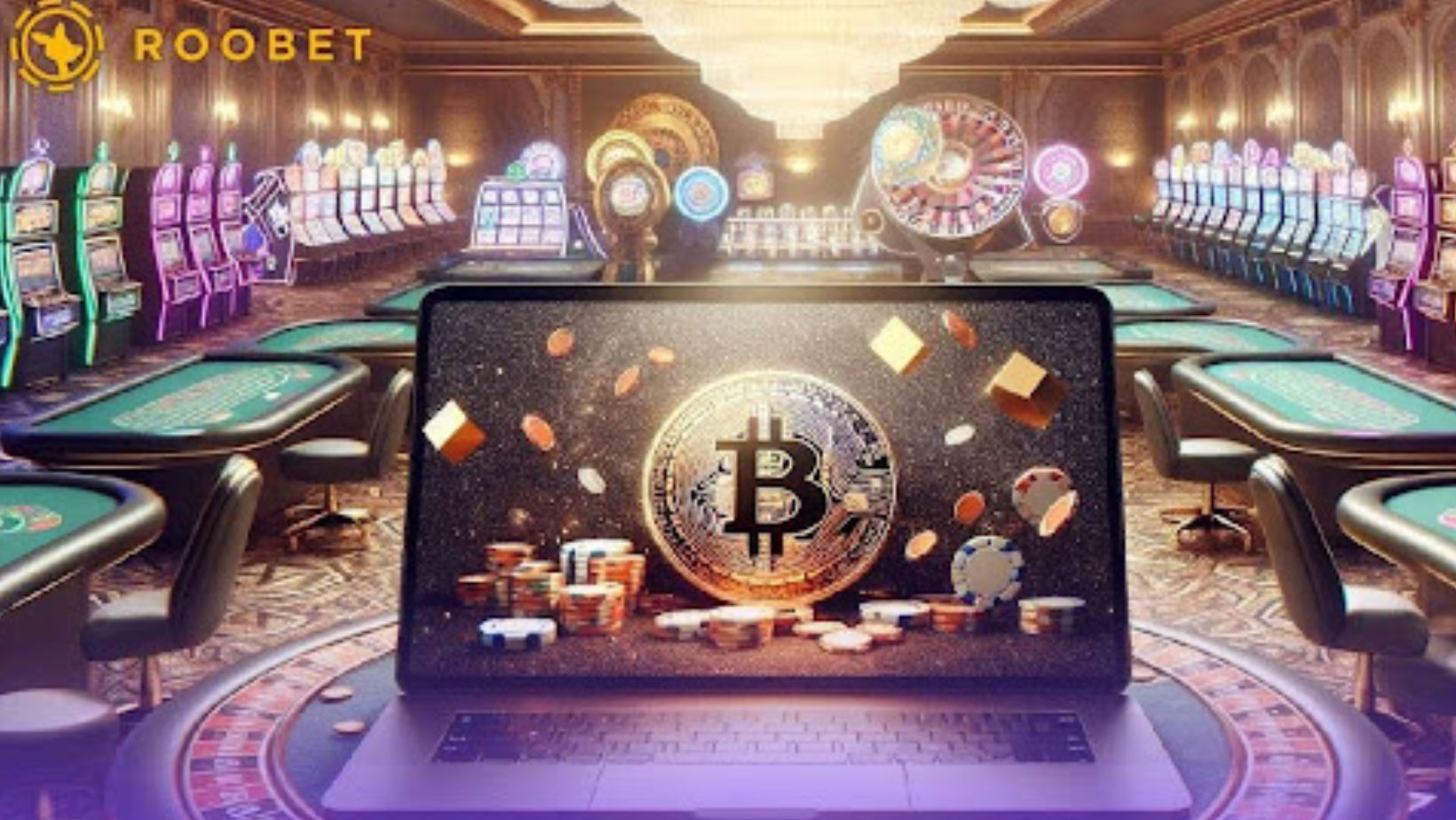 Bitcoin casino on laptop and in a casino floor