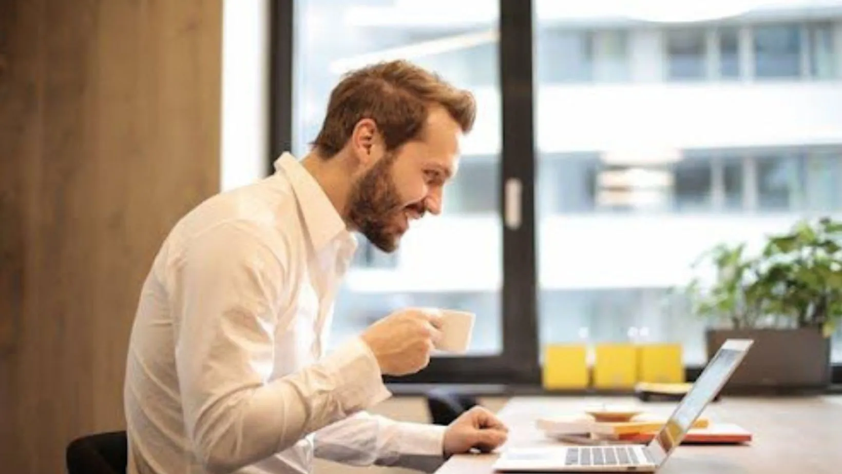 A man sitting in his office, looking at his laptop